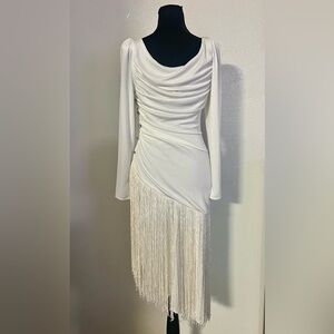 New Leaf by Samir Vintage Fringe Elegant White Long Sleeve Dress